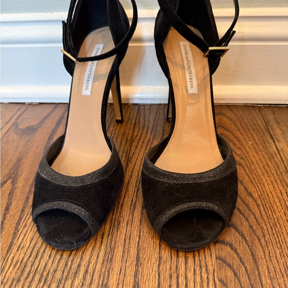 Diane Von Furstenberg (DVF) Black Peep-Toe Sparkle Strappy Heels